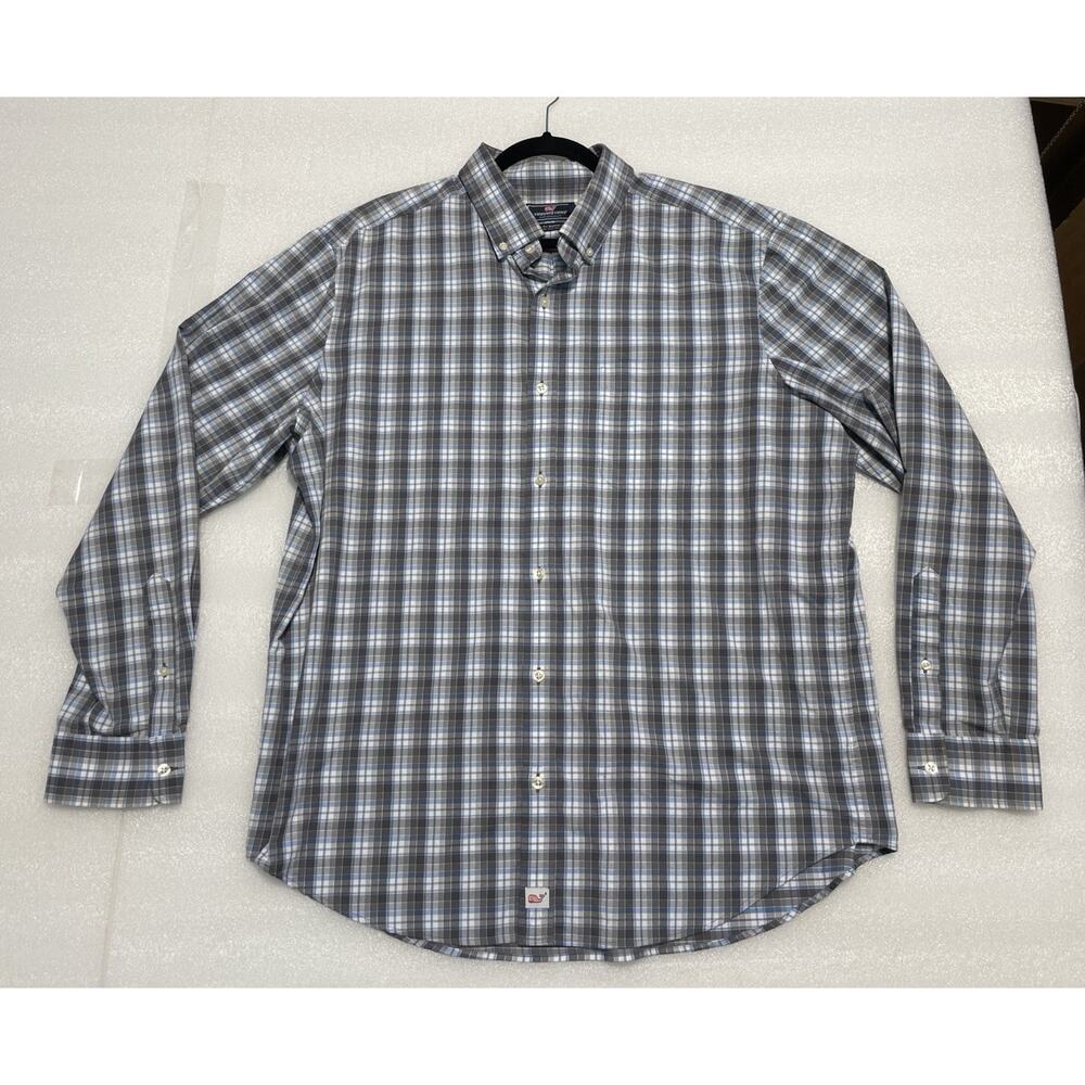 Vineyard Vines Shirt Mens XL Blue Green Gingham Classic Fit Murray Performance